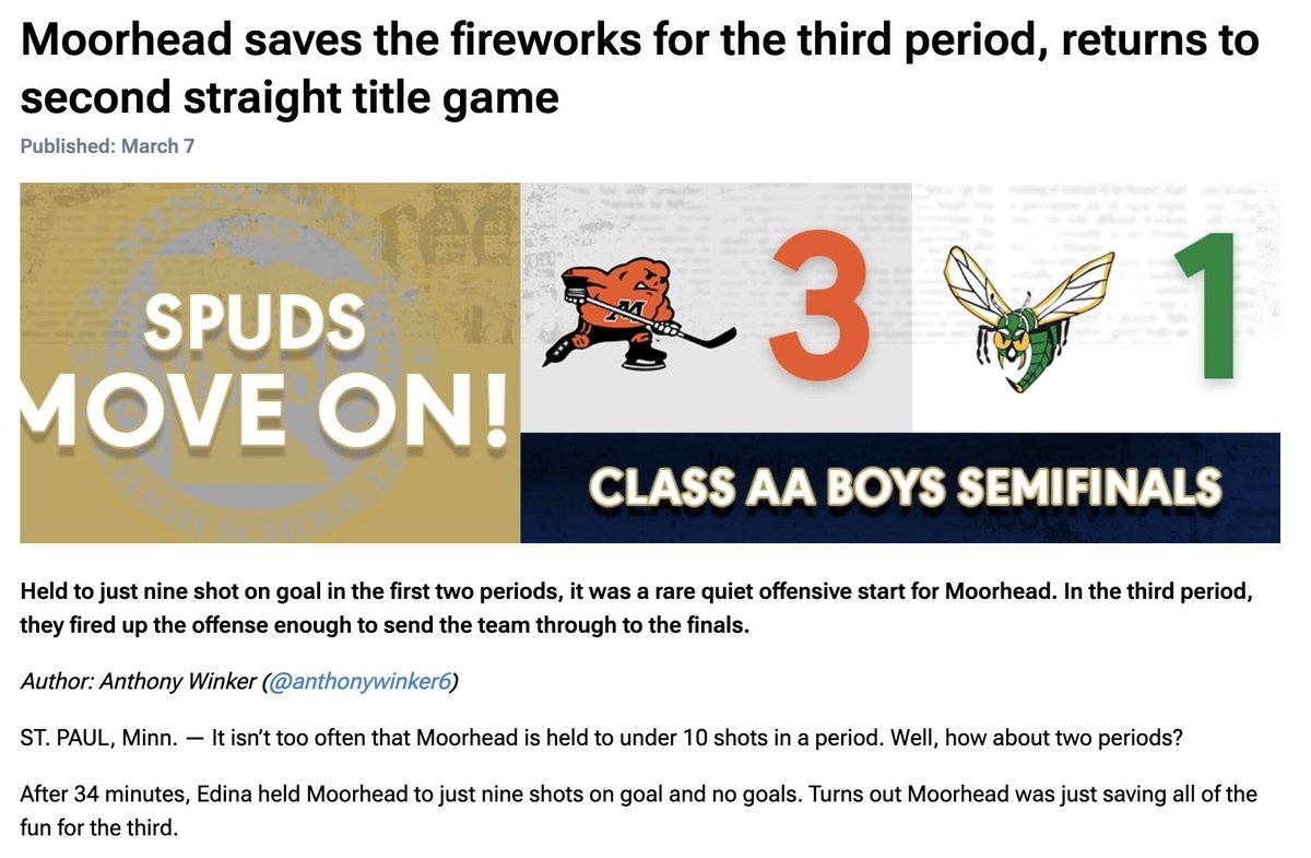 anthonywinker6's tweet image. It was a game in which Moorhead was held to nine shots and zero goals through two periods. 

Edina came in with a good plan, but you can only hold back the Spuds for so long. In the third, they showed why. 🥔

Read my recap for @mnhockeytv below!

🔗mnhockey.tv/en/news/54/1239