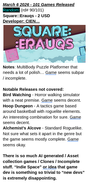 Looking over steam releases daily and giving surface level thoughts on game quality and ideas presented. I choose games that I find interesting. #gamedev #indiedev #steam

bsky.app/profile/retror…