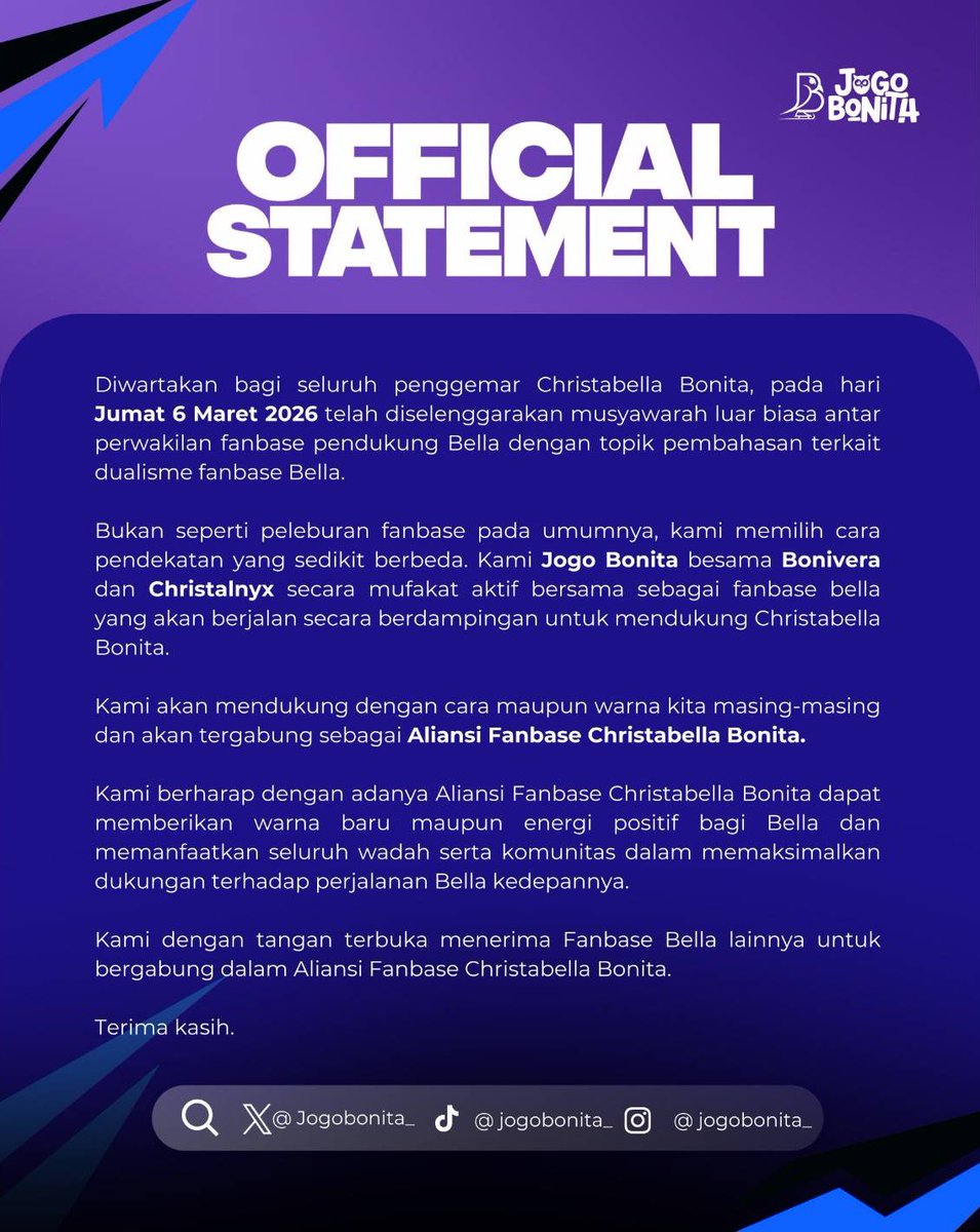 Jogobonita_'s tweet photo. OFFICIAL STATEMENT 🚨

Secara mufakat terbentuk sebuah aliansi baru untuk mendukung Christabella Bonita sebagai trainee JKT48 gen 14 dan member JKT48 gen 14 kelak. 🦉⛸️

cc: @christalnyx_ofc @bonivera_cb https://t.co/plmPC9UfDR