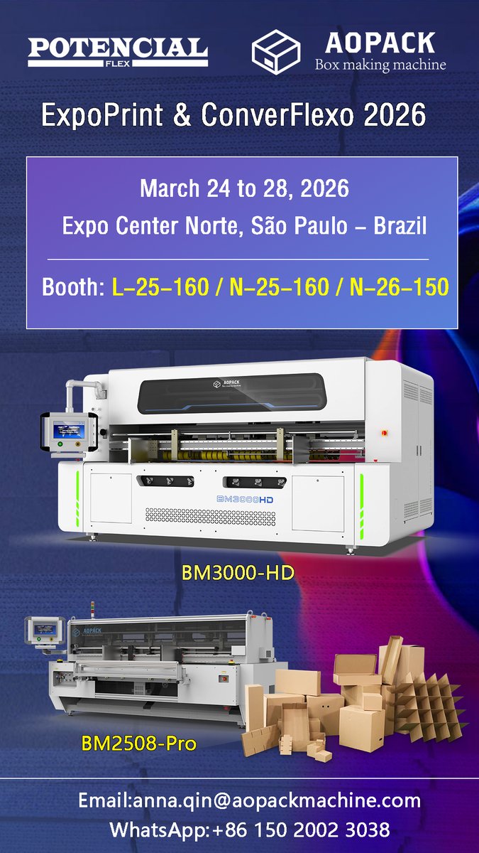 AOPACK_Machine's tweet photo. Aopack machines will be showcased at ExpoPrint &amp; ConverFlexo Latin America 2026 🇧🇷
📅 Mar 24–28
📍 Sao Paulo
📍 Booth: L-25-160 | N-25-160 | N-26-150
Our partner Potencial Flex will present:
▪ BM3000-HD
▪ BM2508-Pro
Discover efficient on-demand corrugated box production. https://t.co/vBk5XRU3s8
