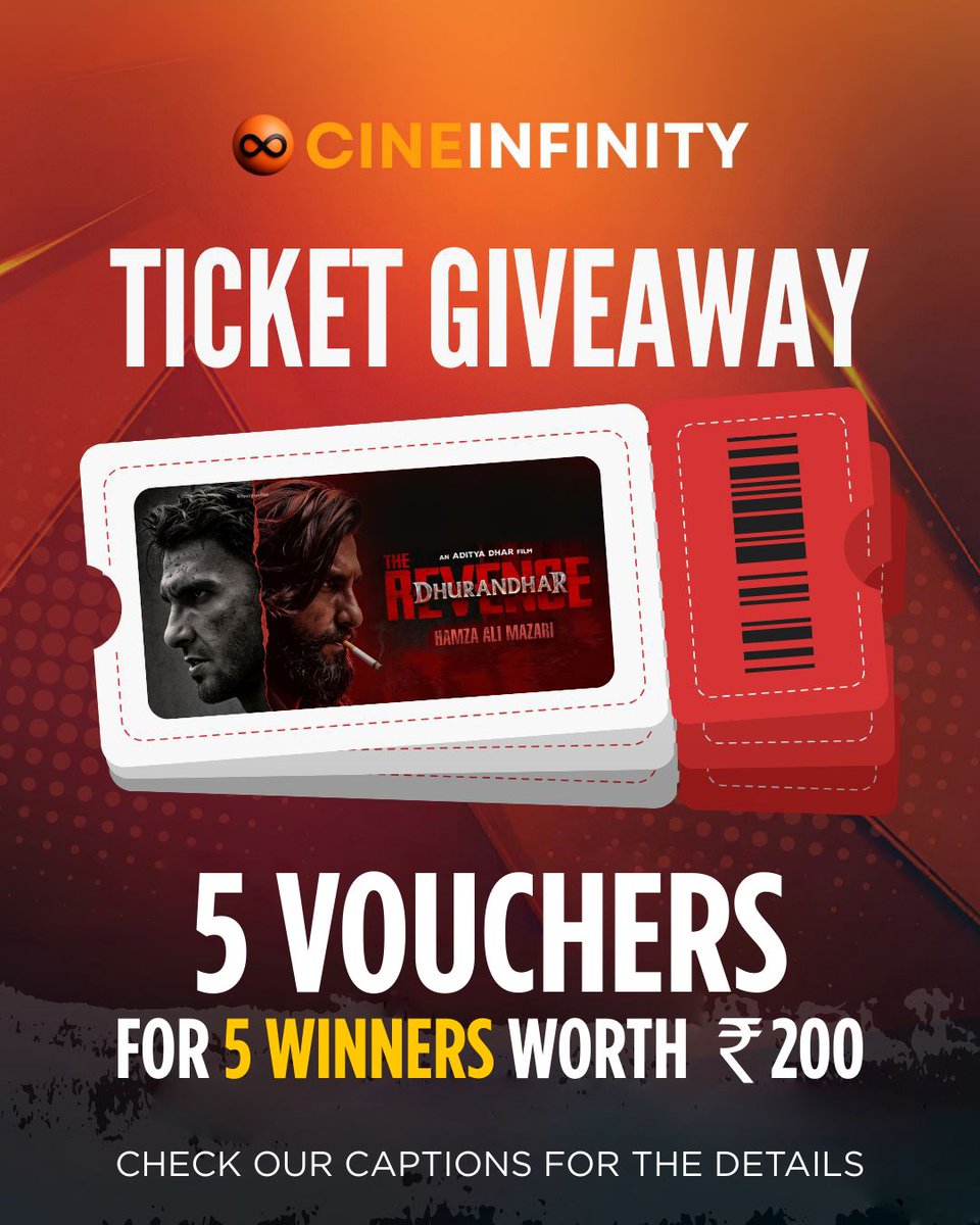#Dhurandhar2 free tickets giveaway!! 🎟️
Win FREE ticket vouchers to watch #DhurandharTheRevenge! 

Eligibility: 
-Tweet with ‘follow <a href="/cine_infinity/">CINEINFINITY</a>’ ! 
-RT, like &amp; follow <a href="/cine_infinity/">CINEINFINITY</a> page! 

5 lucky winners will be getting free movie tickets a day prior to the film release!💥