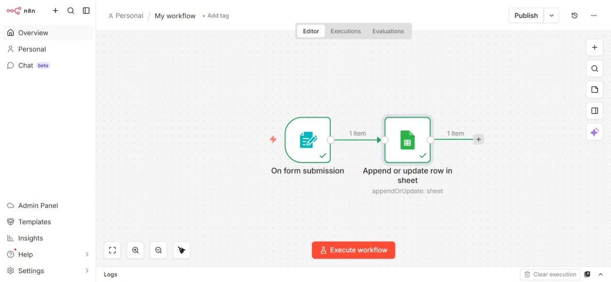 giftdaniel365's tweet photo. Today I built a simple workflow using n8n.
Here’s what it does:
Someone fills a form, their information is automatically saved in google sheets.
No manual data entry.
Small system, but this is how automation starts.
Next step: adding AI to respond automatically.
#BuildInPublic https://t.co/STrCbFPxbv