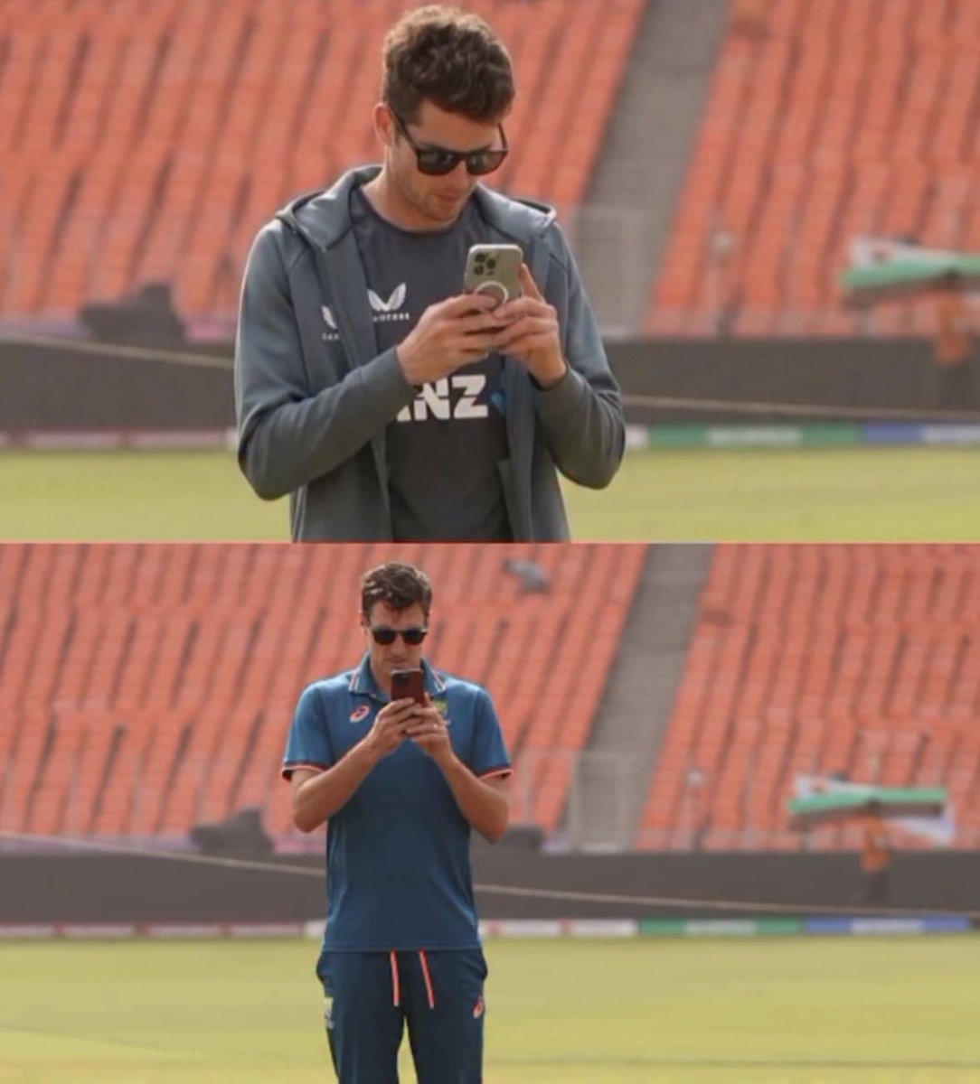 Nithin_gm1's tweet photo. Mitchell Santner taking photo of pitch before the final in ahemdabad 

(We have seen this before ☠️)

#INDvsENGSemiFinal #Finals #INDvsNZ https://t.co/6o56gClxs3