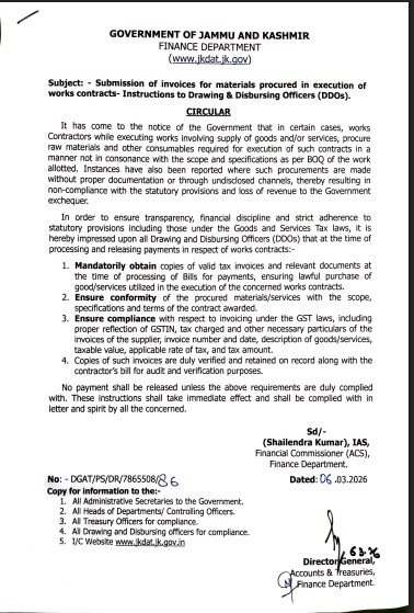 GulistanNewsTV's tweet photo. J&K Govt Issues Circular On Submission Of Invoices For Work Contracts
#JammuAndKashmir #JKGovt #GovernmentOrder #WorkContracts #Administration #KashmirNews #OfficialCircular https://t.co/eNHWsMTYH5