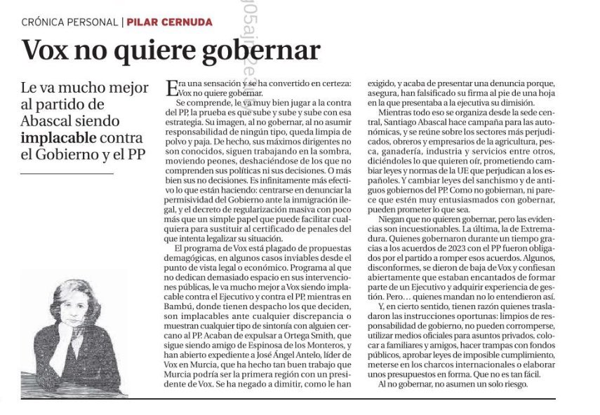 Certero análisis de Pilar Cernuda.
Y una conclusión: 
¿Qué interés tiene votar a un partido que NO quiere gobernar?
¿Es sensato votar a un partido que solo quiere bloquear y que todo se paralice?