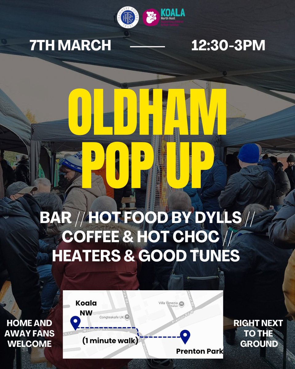Tranmere_Trust's tweet image. Open 12.30-3pm, the Trust pop-up offers fans an alternative place to gather on matchday and enjoy good food &amp;amp; drink. Independently run, by fans, for fans

🍻 Beers on tap, fresh coffees &amp;amp; hot food by Dyll’s

📍Next to ground shorturl.at/lHEBa

Away fans welcome!

#TRFC #SWA