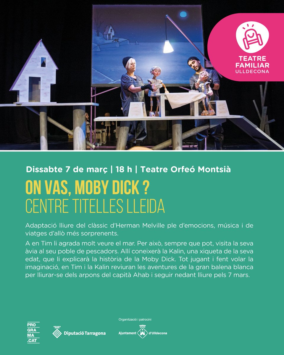 Els plans d’última hora també compten! 📱📲💻💳 Entrades Online fins les 17h. I a les 17:30h. a les taquilles del teatre.
🎭 Petites grans històries explicades amb titelles que prenen vida !
📙 Avui a les sis de la tarda, Teatre Orfeó Montsià 
  📱📲💻💳 ulldeteatre.org