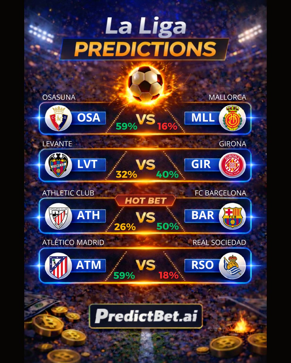 PredictBetAI's tweet photo. 📊 La Liga Predictions | 07/03
https://t.co/FLpLQ3Gm4Q

🇪🇸 Osasuna vs Mallorca
Prediction: Osasuna Win
Bet Tip: Under 2.5 Goals

🇪🇸 Levante vs Girona
Prediction: Girona or Draw (X2)
Bet Tip: Over 2.5 Goals

🔥 HOT BET
🇪🇸 Athletic Club vs FC Barcelona 
Prediction: Barcelona Win 
Bet Tip: Both Teams To Score

🇪🇸 Atlético Madrid vs Real Sociedad
Prediction: Atlético Madrid Win
Bet Tip: Under 3.5 Goals

💬 Which pick do you like the most today?

#laligapredictions #laligabetting #laligatips
#footballanalysis #socceranalysis #matchpredictions
#footballstats #soccertips #footballcommunity
#soccerfans #bettingtipsdaily #sportstips
#bettingexpert #valuebet #smartbetting #bettingstrategy #bettingpicks #bettingsports
#tipsterlife #bettingprediction #laliga #footballpredictions #soccerpredictions #bettingtips #footballtips #sportspredictions #bettingcommunity #soccerbets #predictbet #footballanalysis