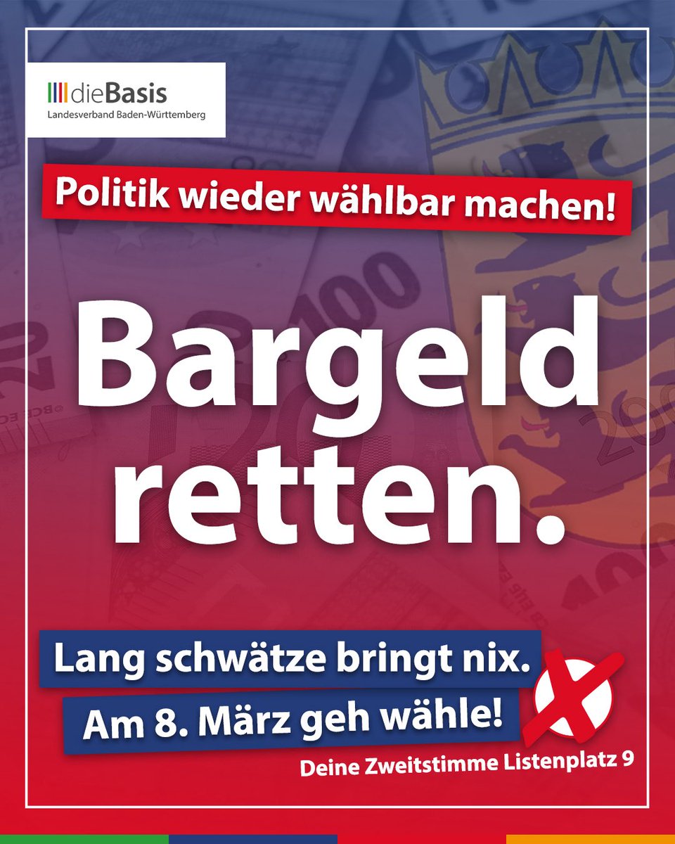 dieBasis_BW's tweet photo. Bargeld bedeutet Freiheit.

Anonymität, Selbstbestimmung und Sicherheit gehören zusammen.

Wer Bargeld abschafft, schafft Kontrolle.

Wir machen Politik wieder wählbar, indem wir dir auch nach der Wahl eine Stimme geben, denn auch du bist Baden-Württemberg 💚💙❤️💛

Am 08.03. geht es um mehr als ein Kreuz. Es geht darum, dass deine Stimme wieder gehört wird.

#bargeld #freiheit #selbstbestimmung #badenwürttemberg #ltwbw #ltwbw26