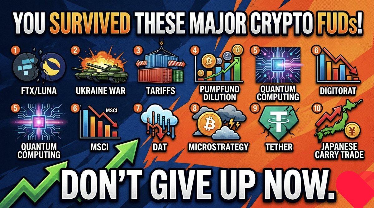 You survived 👇   

1. FTX/LUNA  
2. Ukraine war FUD  
3. Tariff FUD  
4. Pumpfund dilution FUD  
5. Quantum FUD  
6. MSCI FUD  
7. DAT FUD  
8. Microstrategy FUD  
9. Tether FUD  
10. Japanese Carry Trade FUD  
11. Iran Vs Israel USA war FUD
Don't give up now.
#CryptoMarket