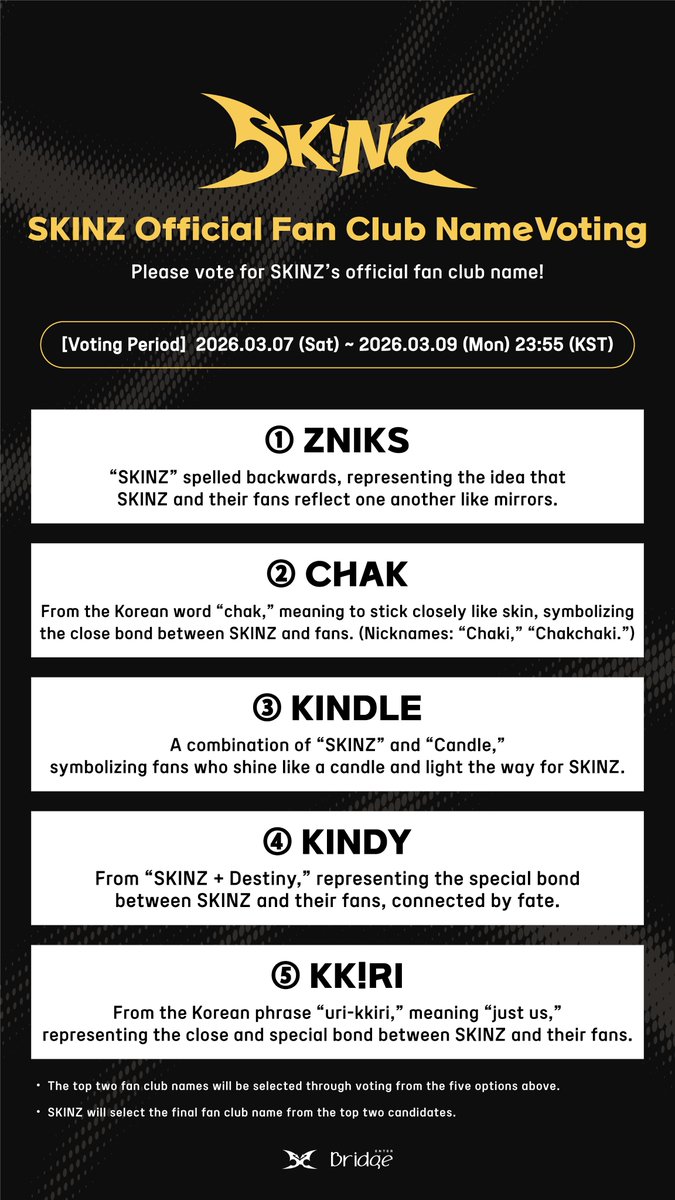 SKINZ__official's tweet photo. 📢 [Notice] SKINZ 공식 팬클럽 명 투표 안내

SKINZ를 사랑해 주시는 팬 여러분의 공식 팬클럽 명 투표를 진행합니다.

[투표 기간]
: 2026.03.07 (Sat) ~ 2026.03.09 (Mon) 23:55 (KST)

[참여 링크]
: https://t.co/ff2EQXKLgK

자세한 내용은 아래 링크에서 확인해 주세요.
🔗 https://t.co/sFuL4EunUm

#SKINZ #스킨즈