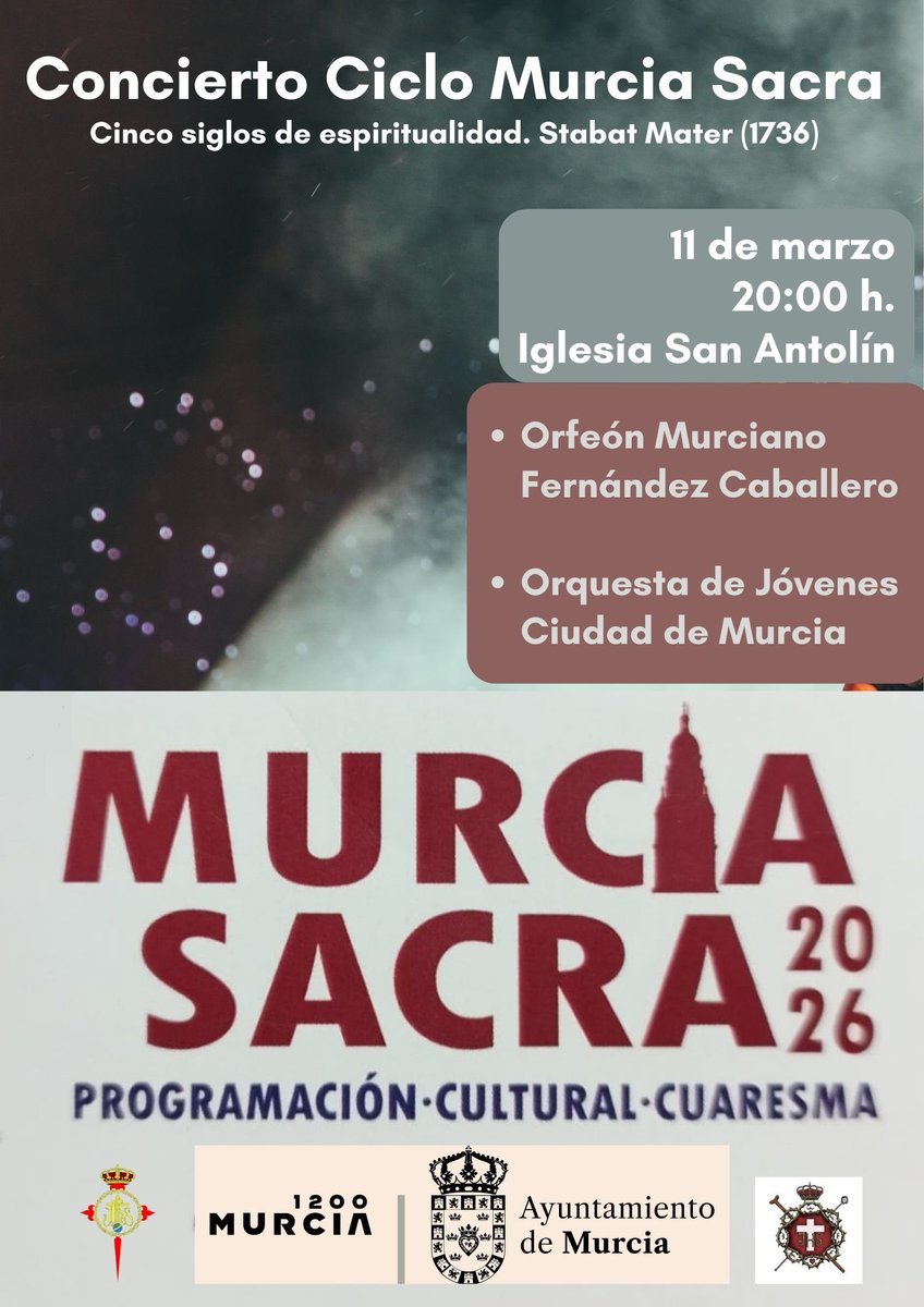 🎼 CONCIERTO CINCO SIGLOS DE ESPIRITUALIDAD 🎼

ℹ️ Con motivo de la programación de #Cuaresma, realizada por Cultura del <a href="/AytoMurcia/">Ayuntamiento de Murcia</a>, el próximo miércoles 11, a las 20h, en la iglesia de San Antolín, tendrá lugar el 'Concierto Ciclo Murcia Sacra. Cinco Siglos de Espiritualidad'.