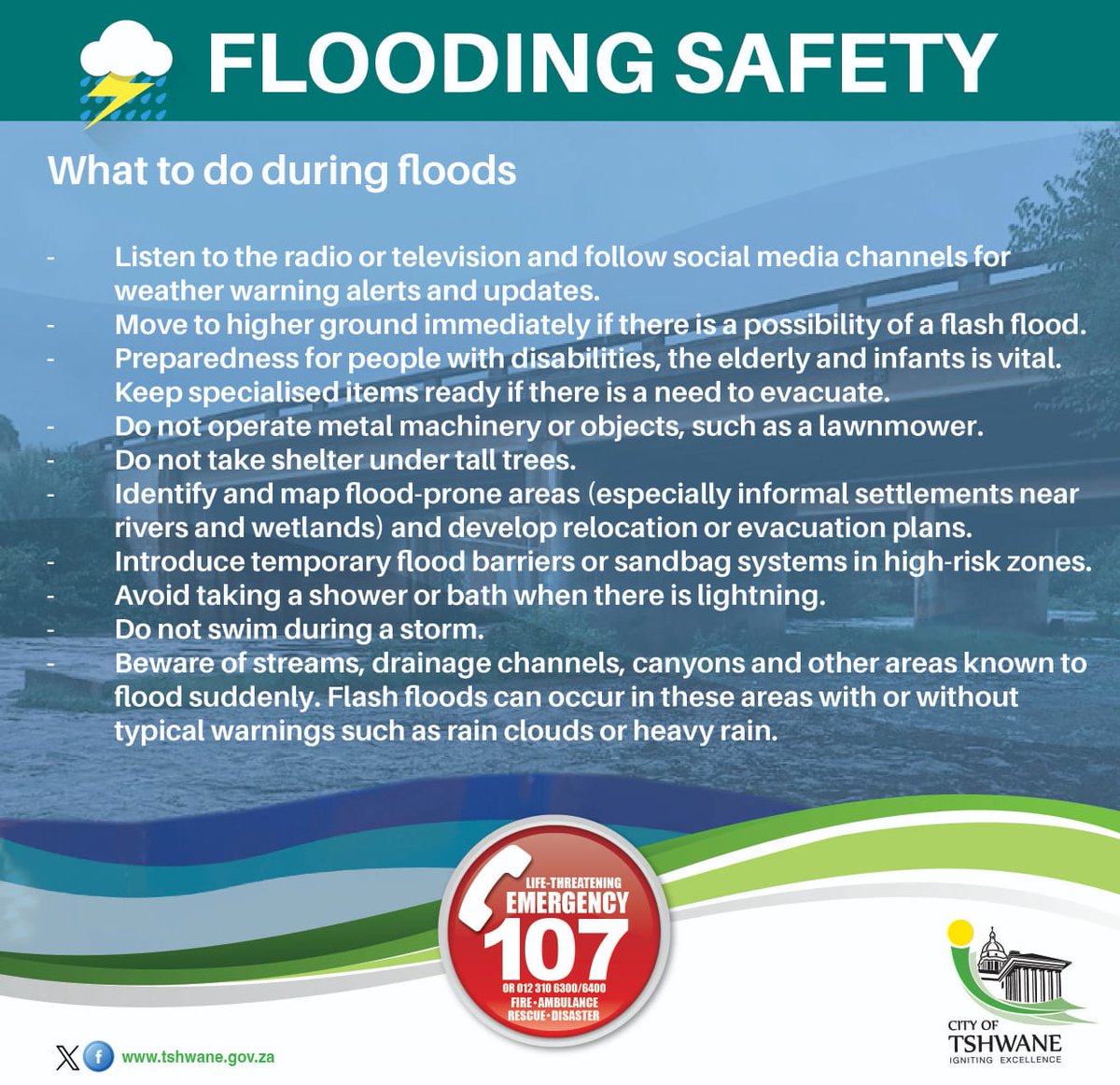 CityTshwane's tweet photo. What to do during floods. #FloodingTips https://t.co/MajcLFi0js