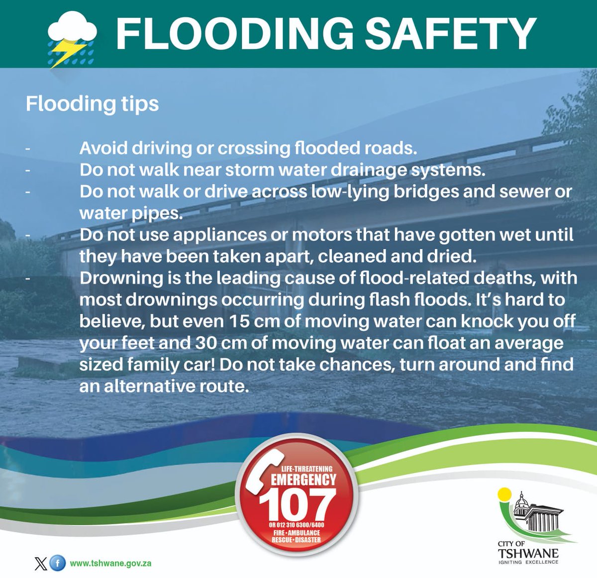 CityTshwane's tweet photo. What to do during floods. #FloodingTips https://t.co/MajcLFi0js
