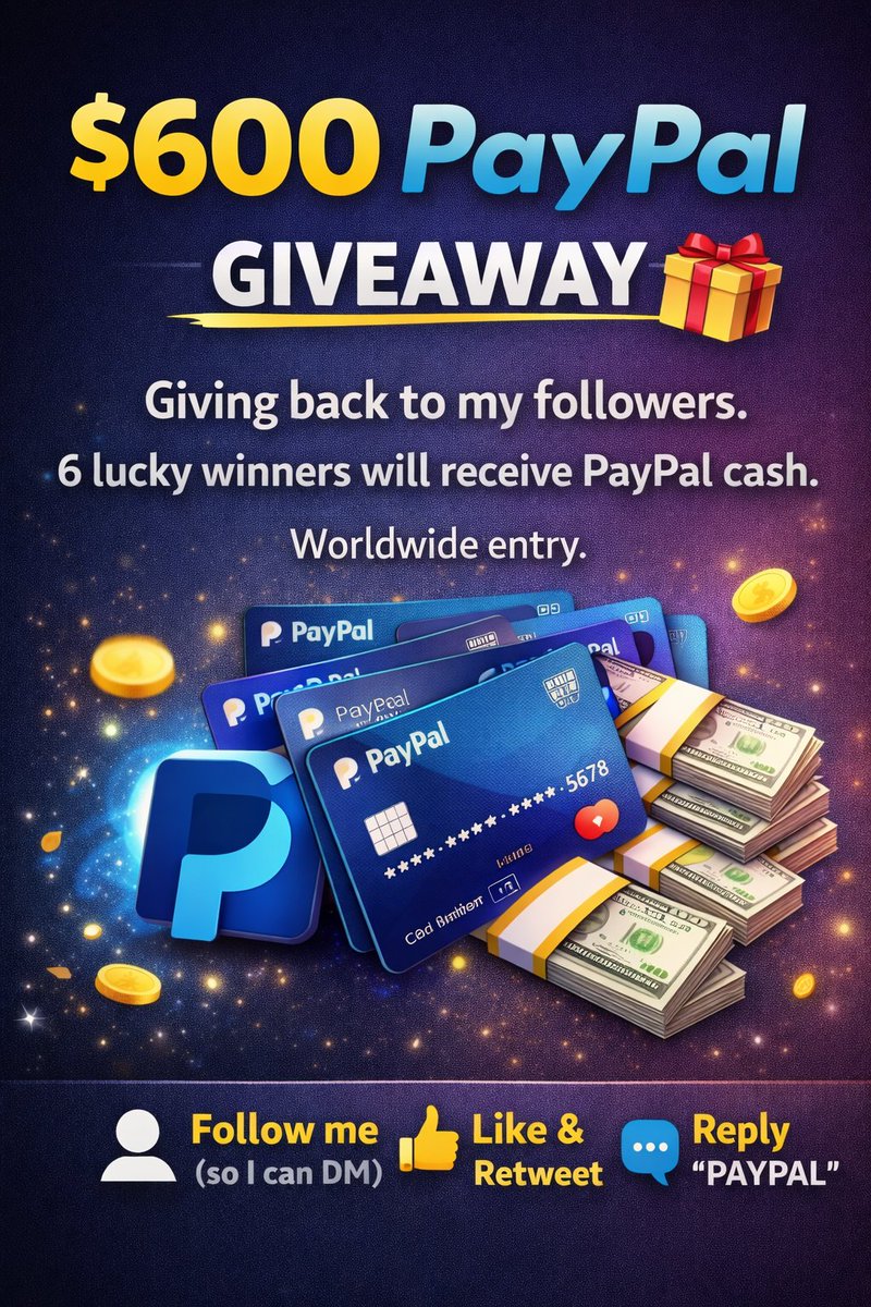 rahulbais136's tweet photo. $600 PayPal Giveaway 🎁

Giving back to my followers.

6 lucky winners will receive PayPal cash.

Worldwide entry.

Follow me (so I can DM)
Like &amp; Retweet
Reply "PAYPAL"

#Giveaway #paypal #earning #MoneyMakingBrylnn https://t.co/RJiK2BQum5