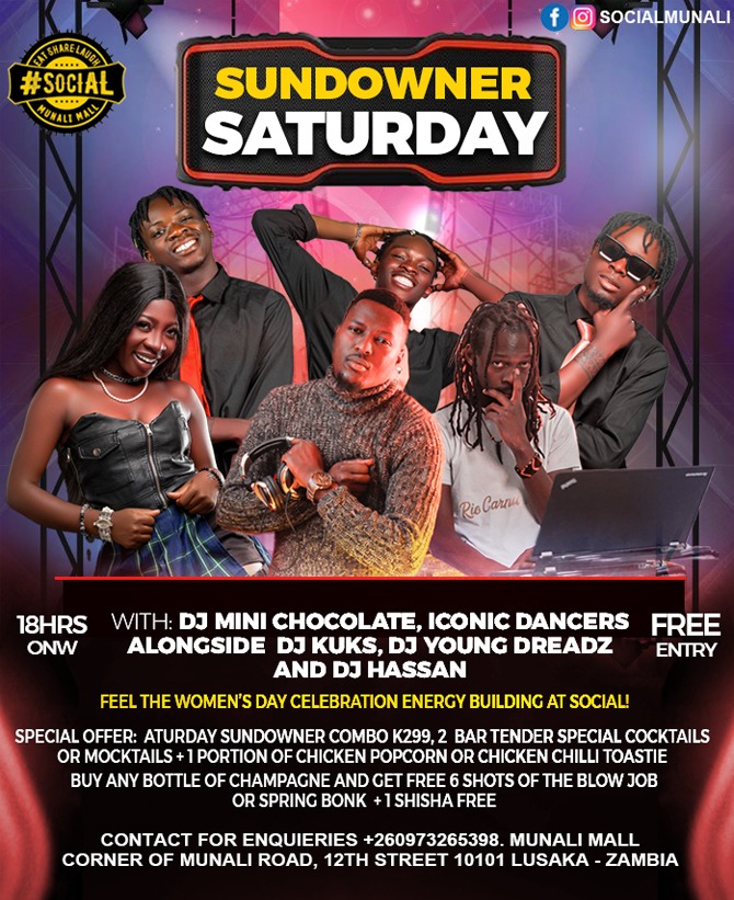 socialmunali's tweet photo. Sundowner Saturday is back! 🔥
Good music, good vibes, and FREE entry at Social Munali.
Featuring DJ Mini Chocolate, DJ Kuks, DJ Young Dreadz &amp; DJ Hassan with iconic dancers bringing the energy all night long! 💃🏾🕺🏾 https://t.co/2NyoMuvu97