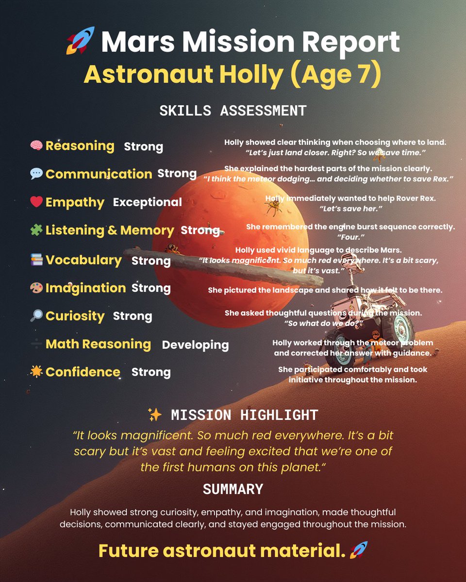 parents try this with your kids this weekend.

i built a 5-minute voice adventure to mars.  
kids talk with mission control, make decisions and help a stranded rover.

it’s all voice. the story unfolds through conversation.

dm me if you want the link.