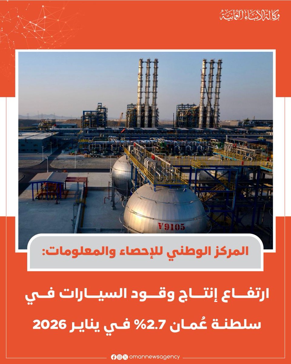 OmanNewsAgency's tweet photo. إنتاج وقود السيارات في #سلطنة_عُمان يرتفع خلال شهر يناير 2026 بنسبة 2.7 بالمائة، فيما انخفض إجمالي منتجات المصافي بنسبة طفيفة بلغت 0.4 بالمائة. 

https://t.co/Mdw5lGJrYp

#العُمانية
#النشرة_الاقتصادية https://t.co/WeHQLdz3RM