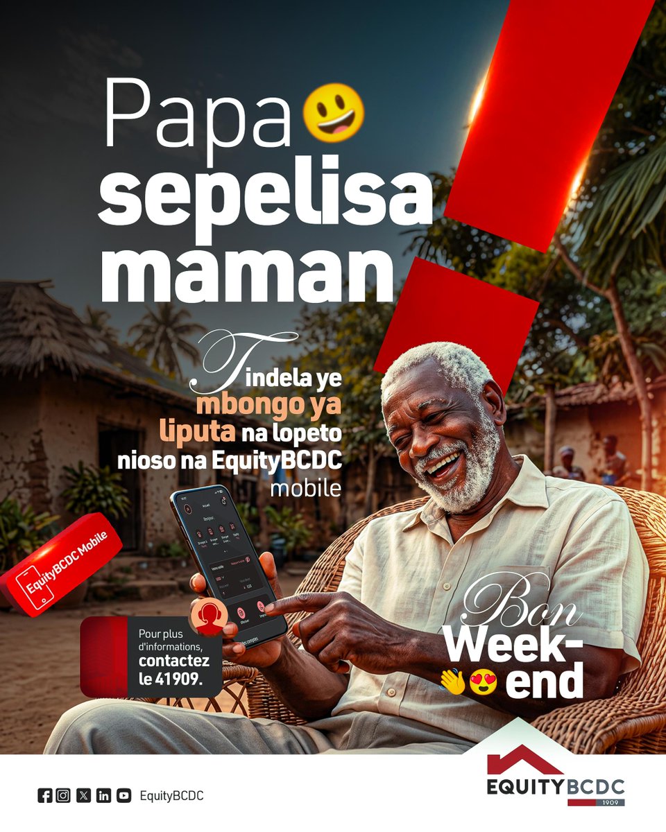 EquityBCDC's tweet photo. Papa sepelisa maman !🤭
Tindela ye mbongo ya liputa na lopeto grâce à EquityBCDC Mobile.
Rapide, simple et sécurisé pour faire plaisir à celles que vous aimez, même à distance. ❤️
.
Pour plus d’informations : 41909
#EquityBCDCMobile #8mars #droitdesfemmes https://t.co/X3iUEzNmfr