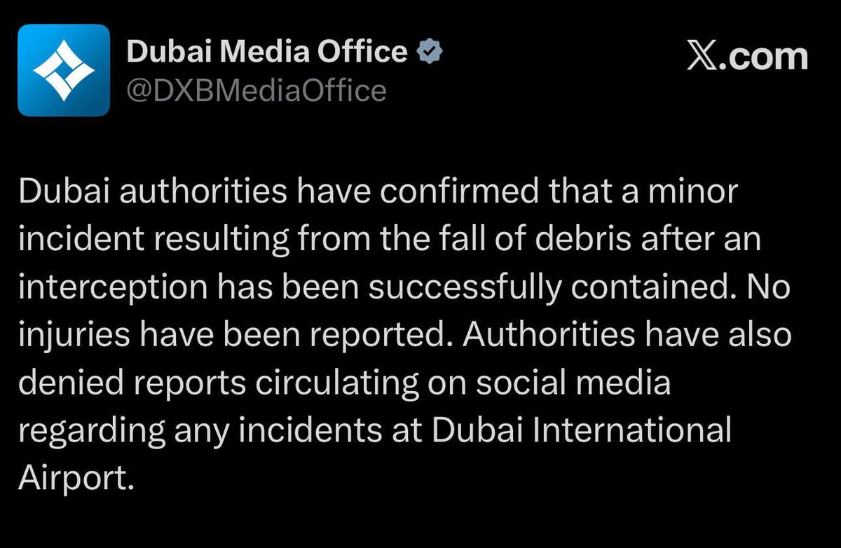 🚨🚨

Be Alert and do not share fake videos which are being circulating about Dubai International Airport being hit.

<a href="/DXBMediaOffice/">Dubai Media Office</a>