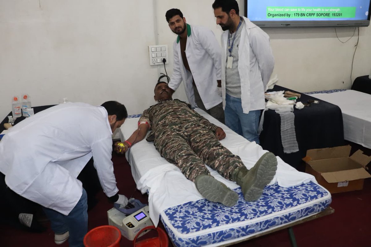 179bnC's tweet photo. A Blood Donation Camp was organized by 179 BN CRPF, SOPORE on the occasion of the 87th CRPF RAISING  Day. Personnel voluntarily donated blood, reflecting the force’s spirit of service and commitment to society. 🩸 https://t.co/prJsZSVJKK