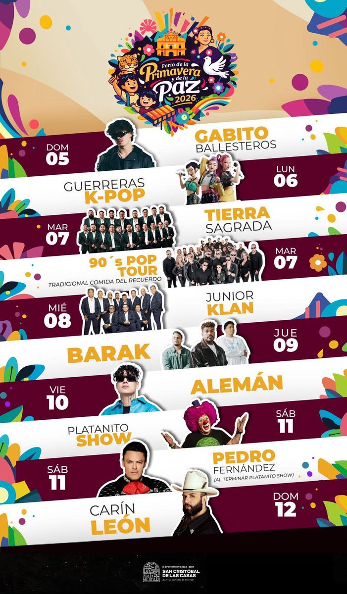 📰 La cartelera oficial de la Feria de la Primavera y de la Paz 2026 en San Cristóbal de las casas 

- Platanito show y al terminar <a href="/pedro_fer/">Pedro Fernández</a> 11 de abril

#SanCristóbaldeLasCasas #FeriadeLaPrimeraveraYdelaPaz  #Feria2026 #SCLC
San Cristóbal de Las Casas