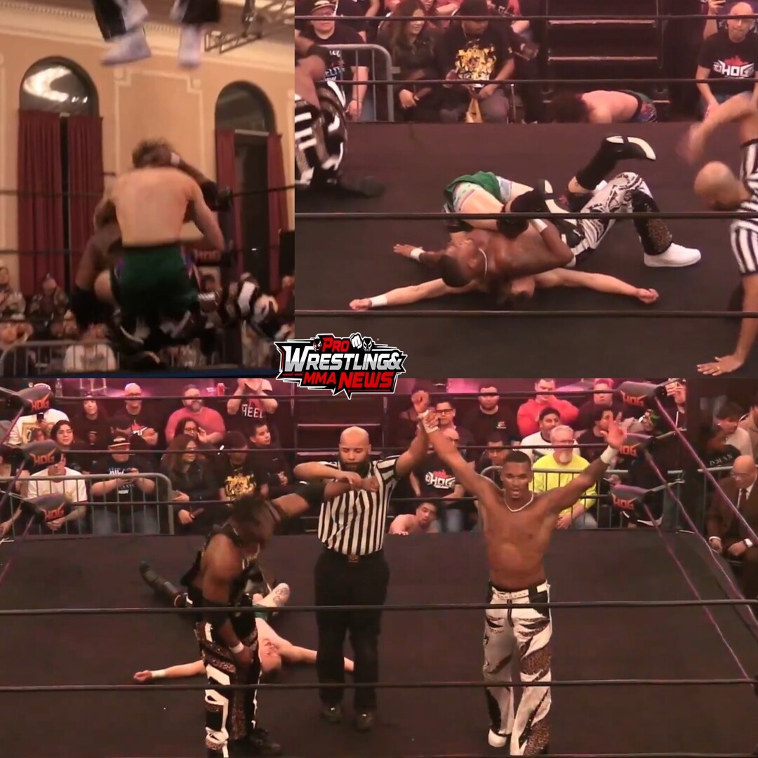 PWMMANews's tweet image. Private Party defeats Bang &amp;amp; Matthews with their new Double Stomp/Backpack Stunner finisher. #HOGWrestling #TurfWars Isiah puts over Bang &amp;amp; Matthews.