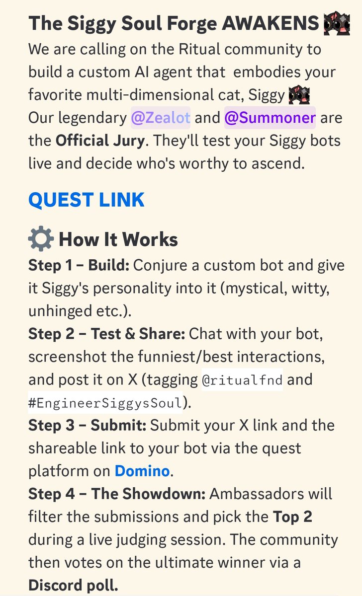 The Siggy Soul Forge just awakened 

Ritual is calling the community to build a custom AI agent that captures Siggy’s personality mystical, witty, and a little chaotic.

How it works:
• Build your own Siggy bot
• Chat with it &amp; share the best interactions on X
• Submit your