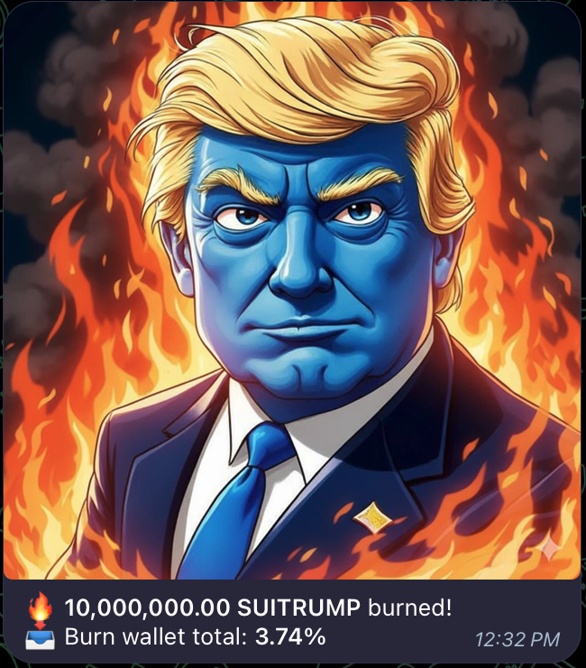 $111 Dollars of SuiTrump was just bought and burned through <a href="/suidexHQ/">SuiDex</a> fees. 

3.74% of SuiTrump's Supply is now gone forever. 

374,000,000 Tokens puts the Burn Wallet as a Top 3 holders of SuiTrump now.