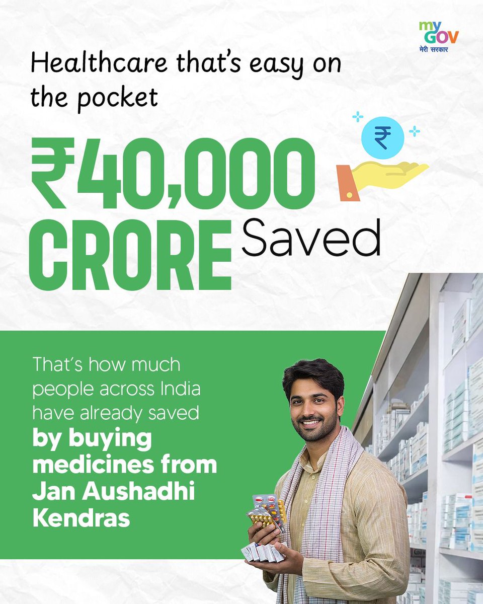 narayananalp's tweet photo. Citizens have saved over ₹40,000 crore by choosing quality generic medicines through the Pradhan Mantri Bhartiya Janaushadhi Pariyojana (PMBJP). 

That’s money back into the pockets of Indian families for a brighter future!  

#JanAushadhiDiwas2026 https://t.co/pthvheZ5cA