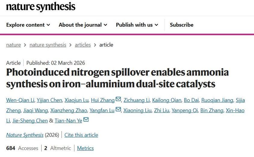 lu_lab_cqu's tweet photo. The photo-catalyzed ammonia synthesis project we participated was recently published from @NatureSynthesis 🥳🥳🥳
We discussed the impact of multi active sites and hot electrons to nitrogen activation and spilover.
URL👇👇👇
https://t.co/4s8eys0g2c https://t.co/JfuzKDEhGN