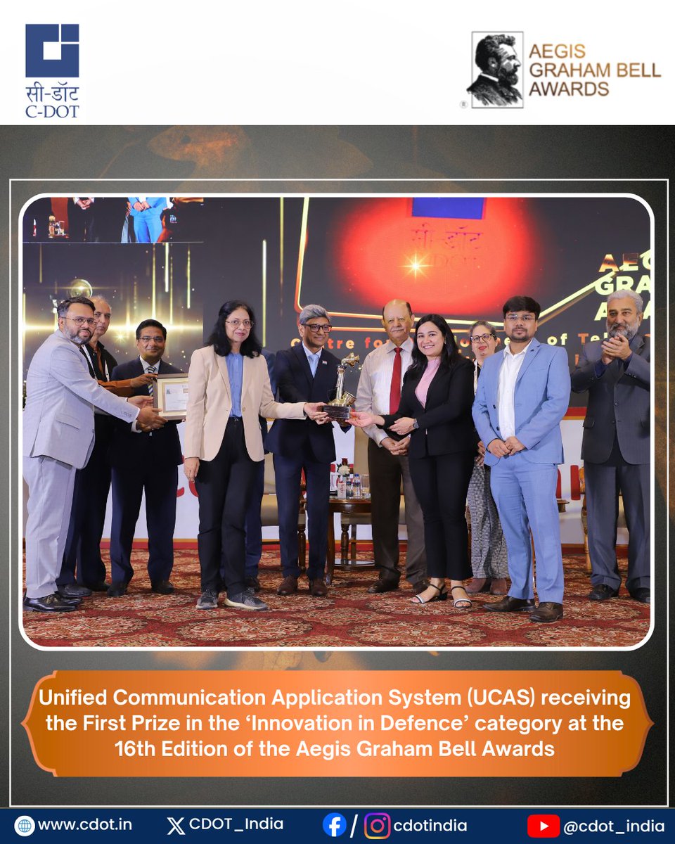 CDOT_India's tweet image. 🏆 C-DOT Wins “Innovation in Defence” at the 16th Edition of the @AegisGrahamBell Awards

@CDOT_India has been honoured to receive the First Prize in the category of “Innovation in Defence” for its Unified Communication Application System (UCAS) -  a secure, #indigenous
