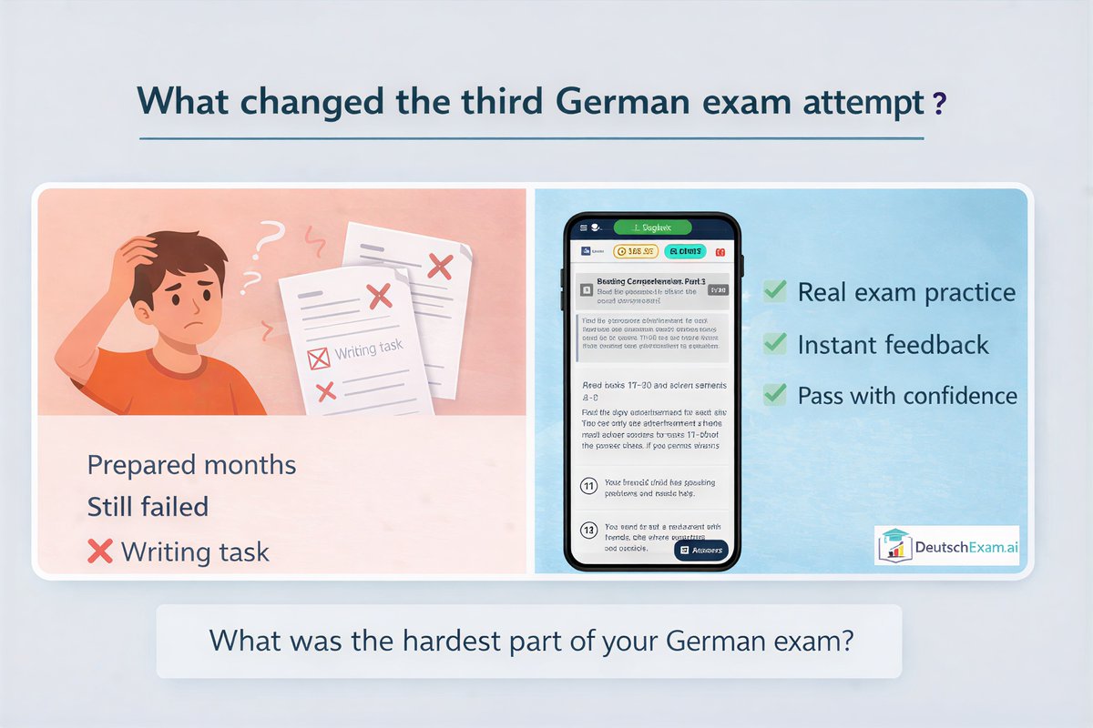 deutschexam's tweet photo. Preparing for a German exam isn’t just grammar and vocabulary.

The real test? Writing tasks.

Practice the exam the way it actually works at https://t.co/U8esYz27vR

#deutsch #A1 #telc #goethe #B1 #deutschlernen #germanwriting #practicelearning #B2 #practicewriting https://t.co/r7U7m79Iqd