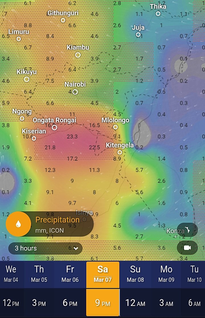 Saturday #weather forecast update, #Nairobi #Kenya: We expect the last wave of moderate to heavy rains in Nrb metro area this evening. Short range forecast charts by major models concur in this regard. 
From tomorrow into next week, rains subside significantly in the city