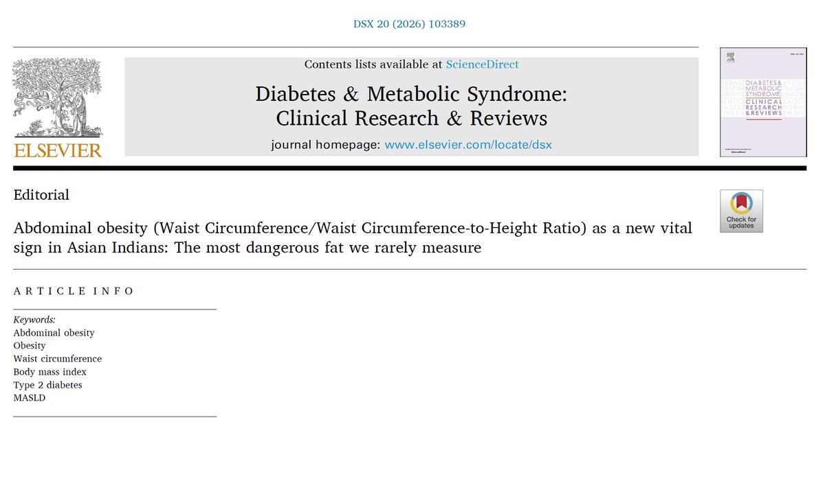 docanoopmisra's tweet photo. Editorial: we emphasize #waistcircumference as a new #vitalsign. #AsianIndians often have #abdominalobesity despite normal #BMI, driving #diabetes, #CVD, #fatty liver, #cancers. BMI alone misses high-risk people. Waist circumference measurement in all! pdf: anoopmisra@gmail.com https://t.co/e4F0gKZcel