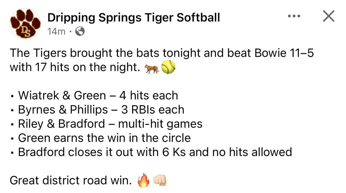 SBradford2028's tweet photo. Big win over Bowie tonight! I came in for relief in the third striking out six and allowing zero hits and zero runs. I earned the save and had a multi-hit game! https://t.co/11beRoGpTV