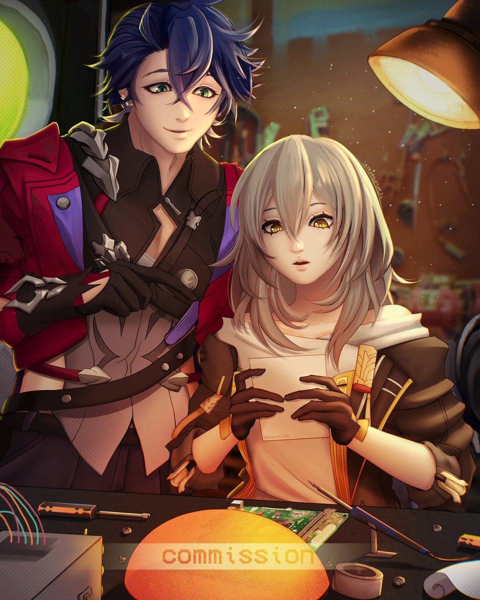 my_rito's tweet photo. Look at this lovely art created by @yukiteruch 
Just look at these magnificent colors! These two look so precious! 😭 Thank you! ❤️

I ordered this commission to see the illustration of substory where Sampo teaches Stelle how to fix Automatons
#sampo #stelle #honkaistarrail https://t.co/RLdzq7b5XX