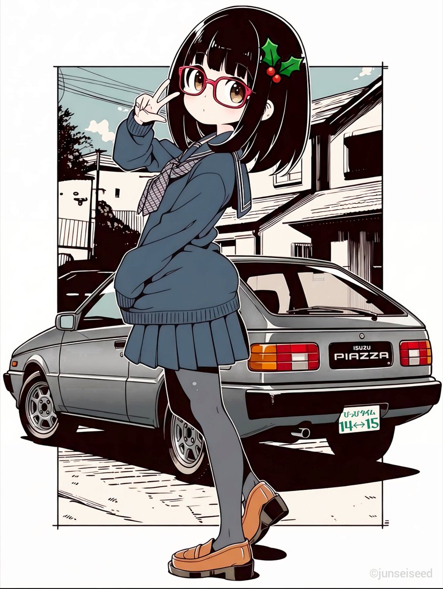 #にじぴっぴ 
お天気の良い、風がすこ〜し強い土曜日🌞🌀
2時🕑️になったら“にじぴっぴ🌈✌✨️”
今日も楽しく、皆んなでぴっぴしましょ✌✨️

昨日のクルマがイマイチ、ピンとこなかったので…
別の車の前で(後ろで？)ぴっぴしま〜す✌✨️✨️

#AIイラスト