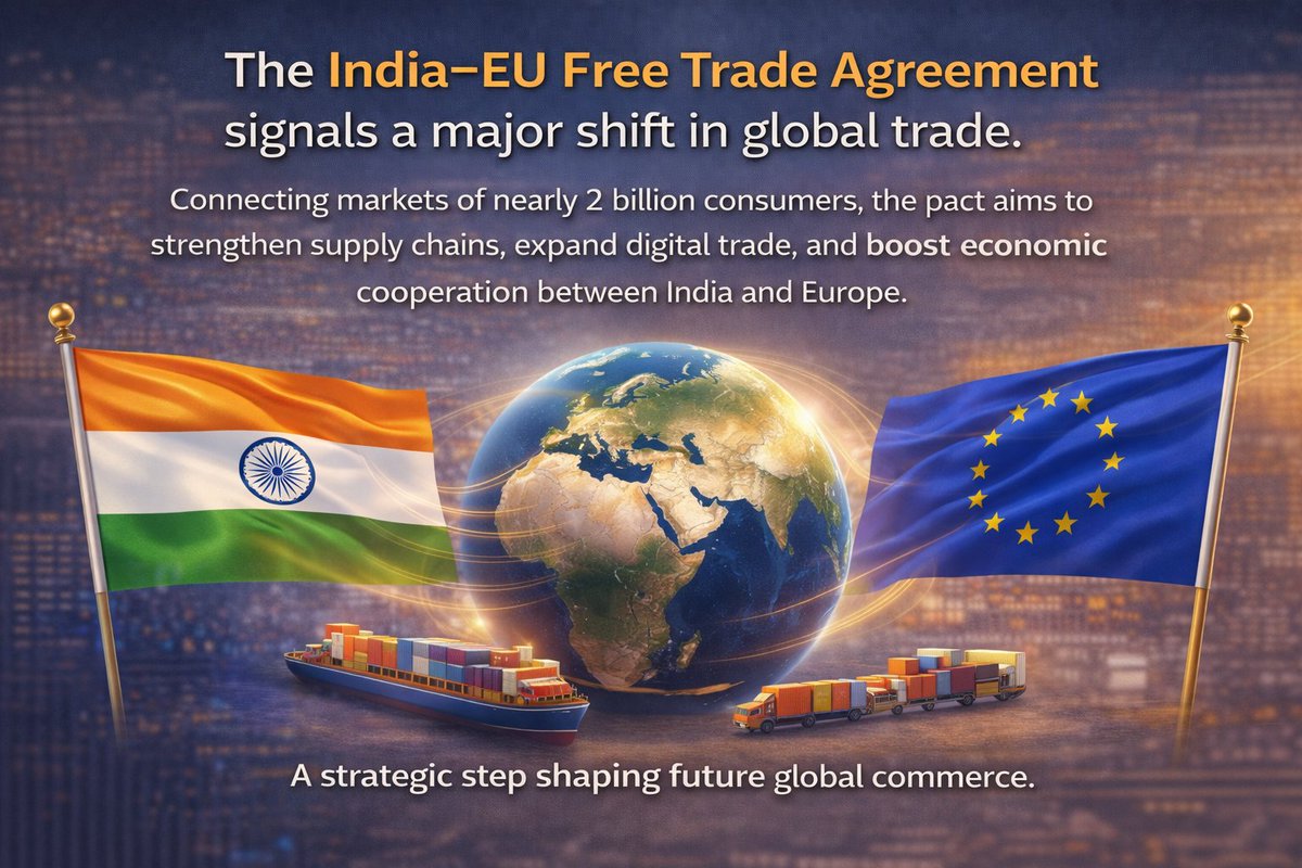 lawrbit's tweet photo. The India–EU Free Trade Agreement marks a major shift in global trade.
Linking markets of nearly 2 billion consumers, the pact aims to strengthen supply chains, expand digital trade, and deepen economic ties between India and Europe.
#IndiaEUTrade #TradePolicy https://t.co/CduM3eyf2b