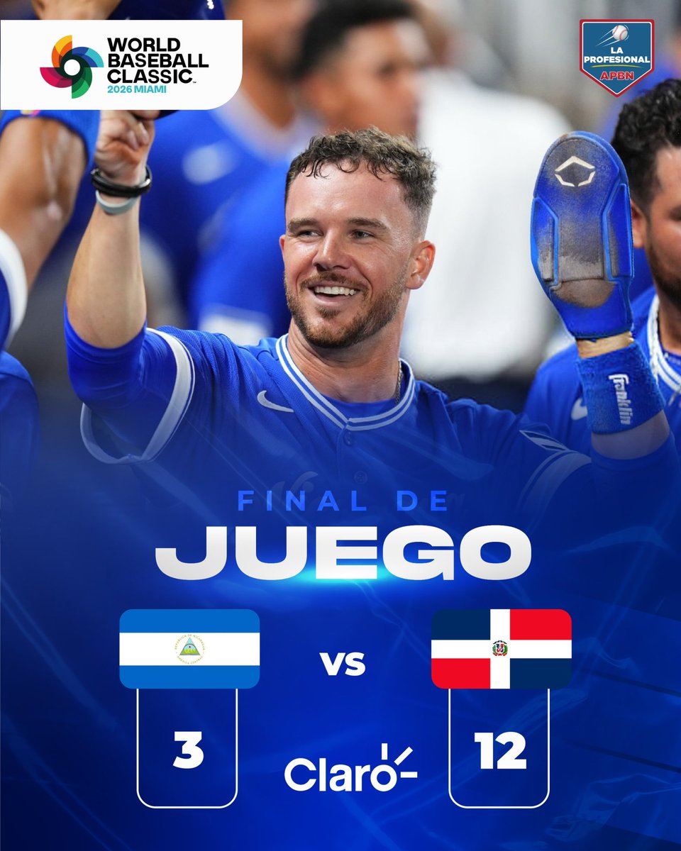 ApbnLa's tweet photo. Nicaragua cae 12x3 ante República Dominicana en su primer juego en el Clásico Mundial 2026.

La novena nicaragüense batalló en la primera mitad de juego, pero finalmente el bateo de poder dominicano castigó al relevo pinolero https://t.co/yf2afldwYt