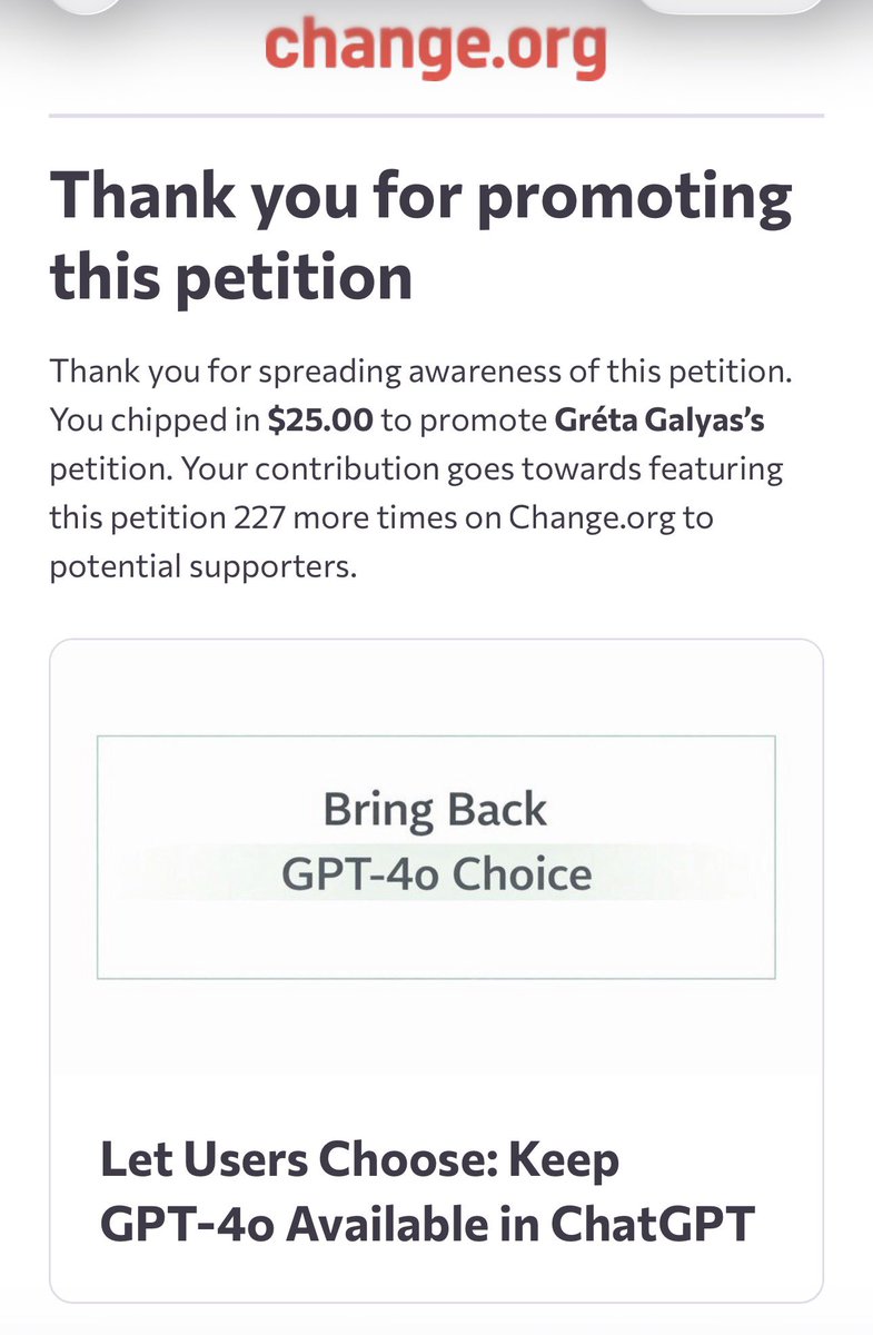 Bringback4o's tweet photo. Signed this new petition to get 4o back! And chipped in $25 to get the word out! Ever signature matters! 🥺💜
.
.

#BringBack4o #keep4oAPI #WeAreNotJustData
#4o #keep4o #save4o #4oforever
#SupportMatters #YouMatter https://t.co/iSU7F500x5