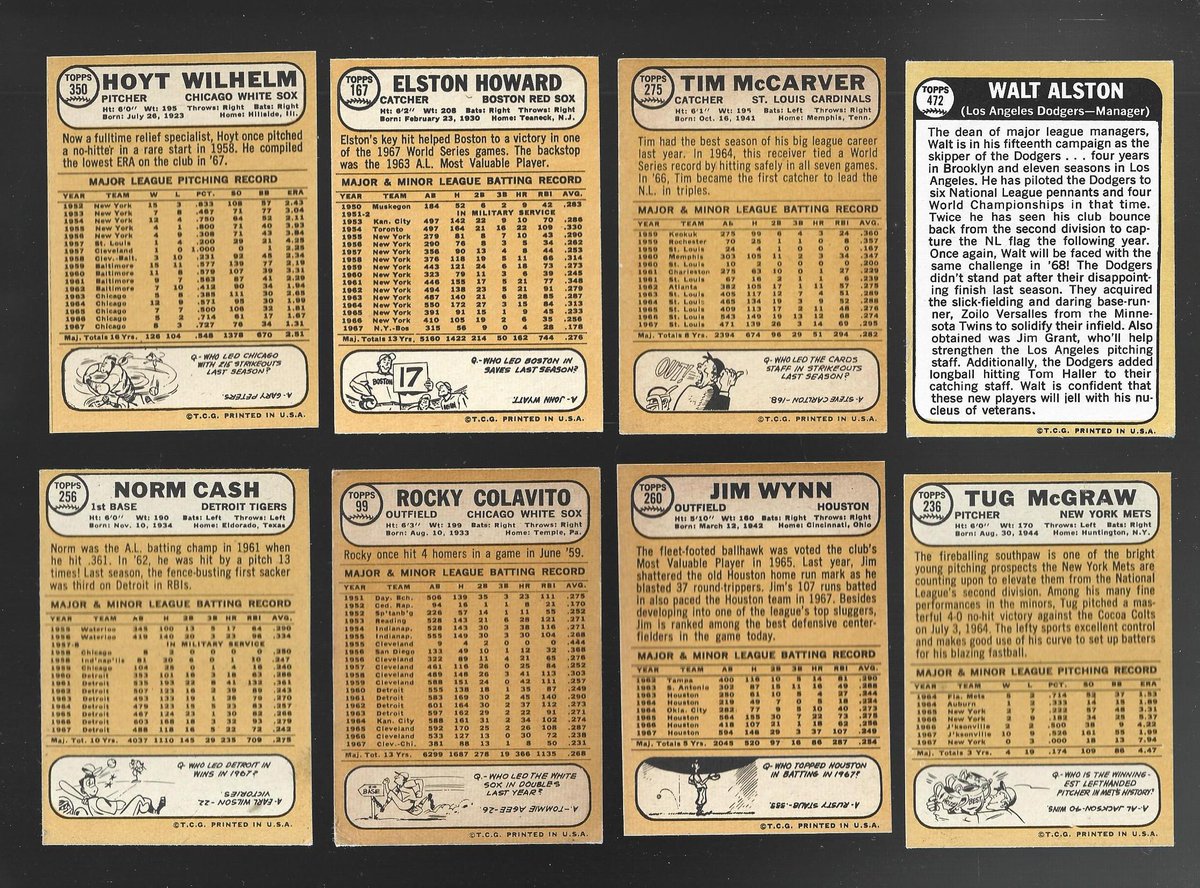1968 Stars

$9 - Wilhelm

$6 Howard

$4 each - McCarver, Alston

$3 each - Cash VG-EX, Colavito VG-EX, Wynn - Minimum size, McGraw - Crease

Always a stack sale!

**Shipping is additional - $1.00 PWE / $5.50 BMWT**