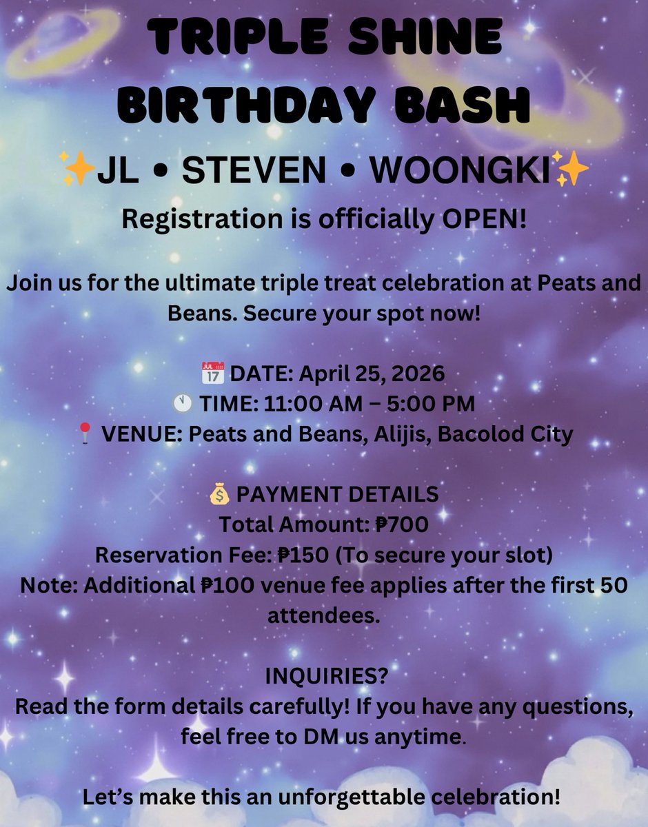 AHOF_Negros's tweet photo. 🎉𝗧𝗥𝗜𝗣𝗟𝗘 𝗦𝗛𝗜𝗡𝗘 𝗕𝗜𝗥𝗧𝗛𝗗𝗔𝗬 𝗕𝗔𝗦𝗛 🎉

✨𝗝𝗟 • 𝗦𝗧𝗘𝗩𝗘𝗡 • 𝗪𝗢𝗢𝗡𝗚𝗞𝗜✨

Registration is officially OPEN!

📅 DATE: April 25, 2026
🕚 TIME: 11:00 AM – 5:00 PM
📍 VENUE: Peats and Beans, Alijis

🔗 REGISTER HERE: https://t.co/jBzhZ2FWJK

#AHOF https://t.co/RVSD0X08BA