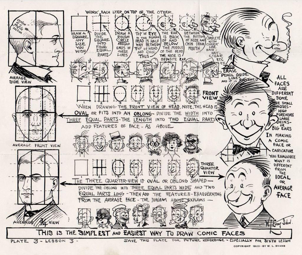 From the W.L. Evans Course in Caricature and Cartooning, students included E.C. Segar, Chester Gould, and Hank Ketcham among others.