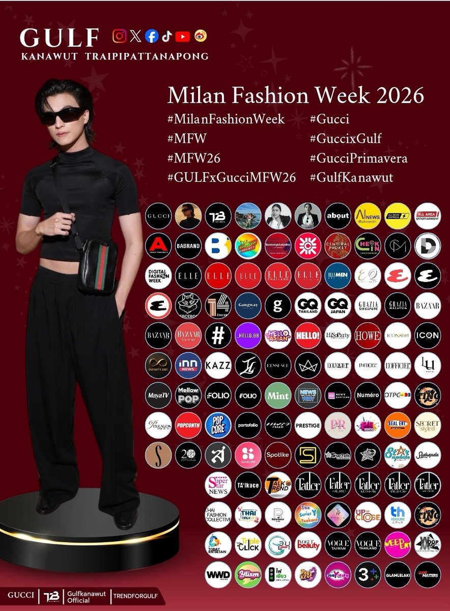 TrendforGulf's tweet photo. 📢 MIV เราทำได้ แชร์ได้เรื่อยๆเลยน๊า😊

🔗https://t.co/unui5AzKF8

✅️ กดไลก์,กดแชร์โพสต์ของสื่อไปยัง IGs 

✅️ หากโพสต์ไหนรวมหลายศิลปินให้คอมเมนต์ +ติด #,@ 
GULF GO MILAN FOR GUCCI
#GULFxGucciMFW26
#GucciPrimavera 
#GuccixGulf #MFW 
#GulfKanawut​ #Gucci
@gucci @gulfkanawut https://t.co/tnYBjTZcjv
