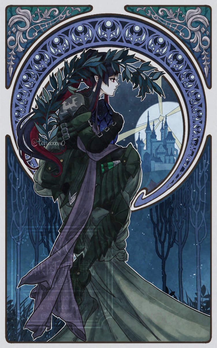 #第7回twstミュシャ企画

夜の祝福あれ

アルフォンス・ミュシャ「四芸術」(1898)の「詩」をオマージュさせていただきました🙇‍♀️
上記のタグから、参加者さまの素敵な作品をご覧いただけますのでぜひ✨

#twstファンアート 
#ツイステファンアート