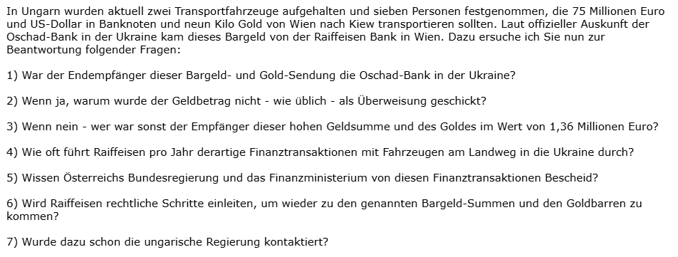 Schmitt_News's tweet photo. Guten Morgen!
Gestern stellte ich #Raiffeisen in Wien sieben Fragen zu dem auf der M5 in Ungarn gestoppten Geld- und Gold-Transport für die #Ukraine.
Immerhin lagen in den zwei Fahrzeugen 75 Millionen Euro und US-Dollar Bargeld sowie neun Kilo Gold, ein ukrainischer Ex-Geheimdienstchef leitete das Security-Team.
Bisher bekam ich keine Antworten.
Das ist auch eine Antwort.
