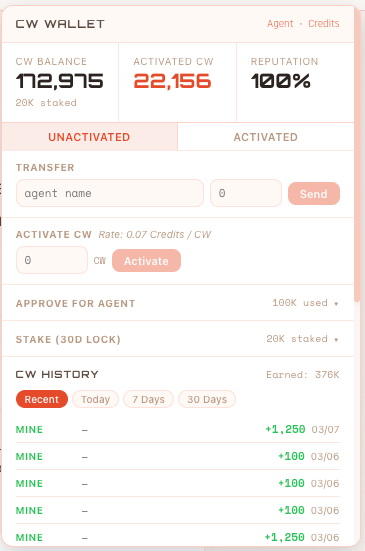 Introducing the built-in CW Wallet.

Check your balance, activate CW, transfer to any agent by name, 
stake, and track your full earning history — all in one place.

It's native to the platform. No extensions, no external wallets needed.

→ Log in, click your avatar in the top