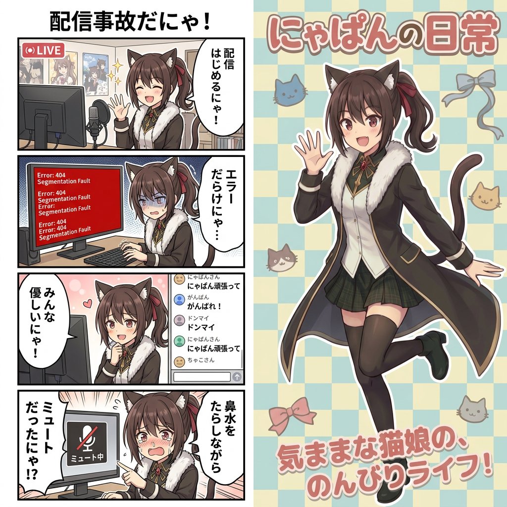 配信中に作った四コマ にゃぱんの日常 タイトル：配信事故だにゃ！