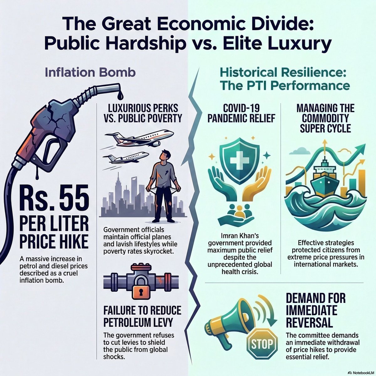 PTIofficial's tweet image. Public Hardship, Elite Luxury

Lavish lifestyles, private jets, free fuel, and luxurious perks for the powerful elite, while ordinary Pakistanis bear the entire burden.

This unrepresentative, illegitimate #Form47 regime has failed to put in place any policy measures to protect